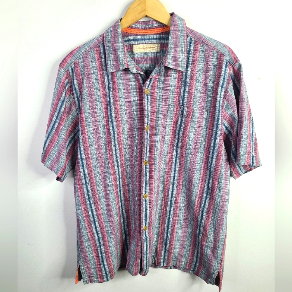Tommy Bahama - Hawaiian Button Down - SIZE L - Red Stripes Relax Vacation